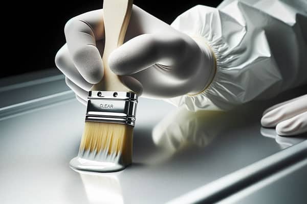 technician's hand applying adhesive primer to metal with a brush