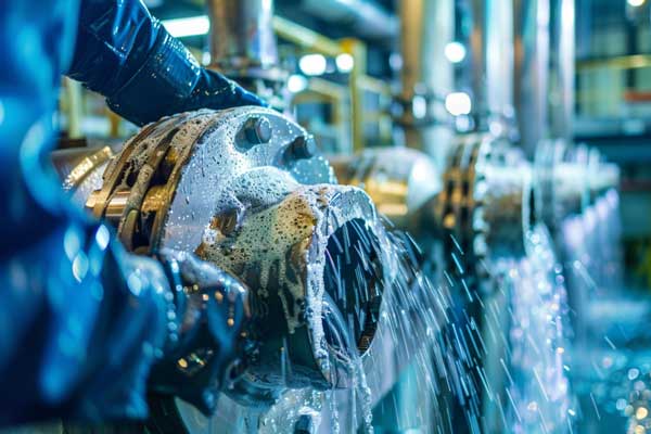 industrial pump being thoroughly cleaned with water and foam