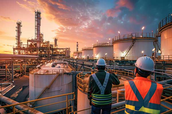 two workers overseeing oil storage tanks at an industrial facility during sunset