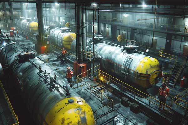 workers inspecting large industrial oil storage tanks inside a facility